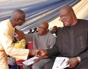 Senate Leader, Victor Ndoma Egba exchanging pleasantries with the Senate President, David Mark and SGF, Senator Pius Anyim who represented President Jonathan at late Justice Ndoma Egba's burial yesterday at Akparabong, Ikom LGA in CRS yesterday.