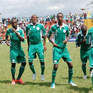 Nigeria's Golden Eaglets celebrating one of their goals against their Botswana counterparts in Calabar