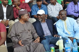 Cross River State Governor Senator Liyel Imoke and his Bauchi State counterpart, Alhaji Isa Yuguda and the Senate Leader, Senator Victor Ndoma-Egba(R) watching the match in Calabar.