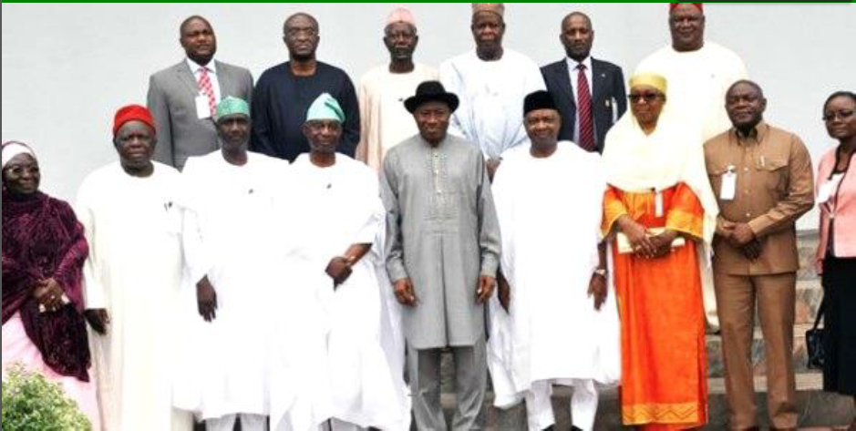 Members of the Presidential Advisory Committee on the National Confab and President Jonathan (middle front row) during their inauguration in Abuja