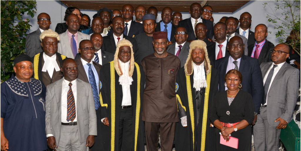 Cross River State Governor Senator Liyel Imoke (M) flanked by the Speaker, CRHA Rt. Hon. Larry Odey (L), Deputy Speaker, Hon. Itaya Asuquo Nyong (R) and other members of the Cross River State House of Assembly shortly after the presentation of the 2014 appropriation bill to the House in Calabar today