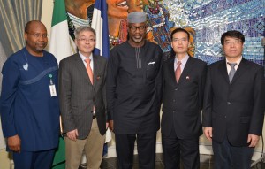 3rd Left. Cross River State Governor, Sen. Liyel Imoke with (1st left) General Manager, Calabar Free Trade Zone, Alhaji Sadiq Kazeem,  and (2nd left) Mr. Xie Shao, Chairman,Trade Delegations from the Jiangsu Economic and Information Technology Commission in the Jiangsu Province China With them, MD, Skyrun FTZ-Calabar, Mr. Wafu Qiang (2nd right) and his Gen. Manager. Mr. Cai Biao, after a courtesy call on the Governor in his office in Calabar, today  