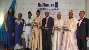 Senator Ndoma Egba (middle in suit) flanked by the Mallam Sanusi Lamido Sanusi to the right and other awardees