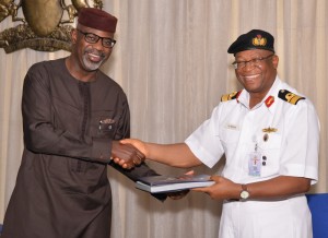 Cross River State Governor, Senator Liye Imoke receiving the Flag Officer Commanding(FOC) Eastern Naval Command of the Nigerian Navy,Rear Admiral OC Medani,with him is the Commanding Officer, NNS Victory, Commodore Fredrick Ogu when they paid him a visit in Calabar