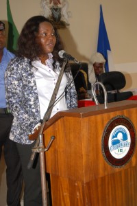 Mrs. Edith Amadi, Abi LGA Chairman reading her budget speech on the floor of Abi Legislative House recently