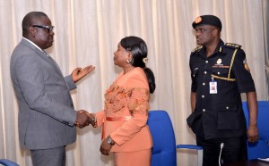Cross River State Deputy Governor, Barr. Efiok Cobham Interacting with the Permanent Secretary, Ministry of Interior, Mrs. Fatima Binta Bamidele and the Controller General, Federal Fire Service, Engr. Olusegun Okebiorun shortly after a courtesy call in Governor's Office Calabar prior to the conference on the Implementation of the New Fire Service Code introduced by the Federal Government. Calabar