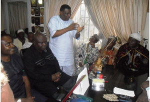 Jedy Agba stressing a point in his recent private visit to the Muri Munene of Efuts in Calabar