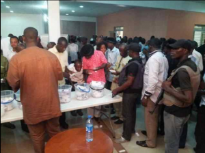 Armed policemen at the voting arena