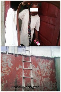 The first victim showing his shirt and belt they used to tie him and the touch light the thieves brought while the image below shows the ladder the thieves used to climb into Church of Christ still on their fence