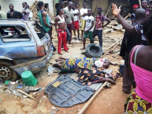 Accident scene with the dead lying on the ground