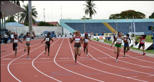 Blessing Okagbare leading others during the women's 100mtrs race which she finished at the time of 11.06, Gloria Asumnu and Sule Justina returning at the time of 11.17 and 11.65 to emerge 2nd and 3rd respectively at the ongoing Cross River State/All Nigerian Athletics Championship in Calabar