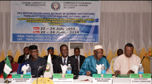 From left, Cross River State governor, Senator Liyel Imoke, President ECOWAS Commission, Mr. Kadre Desire Ouedraogo, Malian Ambassador to Nigeria and Dean ECOWAS Ambassadors, Mr. Mahamane  MaigaVice President of the Commission, Dr. Toga Gayewea McIntosh at the opening session of the 8th edition of the Joint Retreat of ECOWAS Institutions, Permanent Representatives and National Units, holding at the Tinapa Resort Calabar