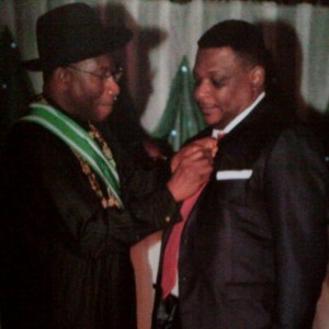 Goddy Jedy Agba receiving award as Officer of the Federal Republic from President Jonathan in Abuja last year