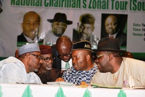 All for Jonathan: PDP national Chairman, Alhaji Ahmadu Mu'azu,  Governors of Cross River, Sen Liyel Imoke, Delta, Dr. Emmanduel Uduaghan, Akwa Ibom, Godwills Akpabio and Bayelsa, Hon Seriake Dickson at the South-South PDP stakeholders meeting that endorsed President Jonathan for 2015 in Calabar, yesterday.