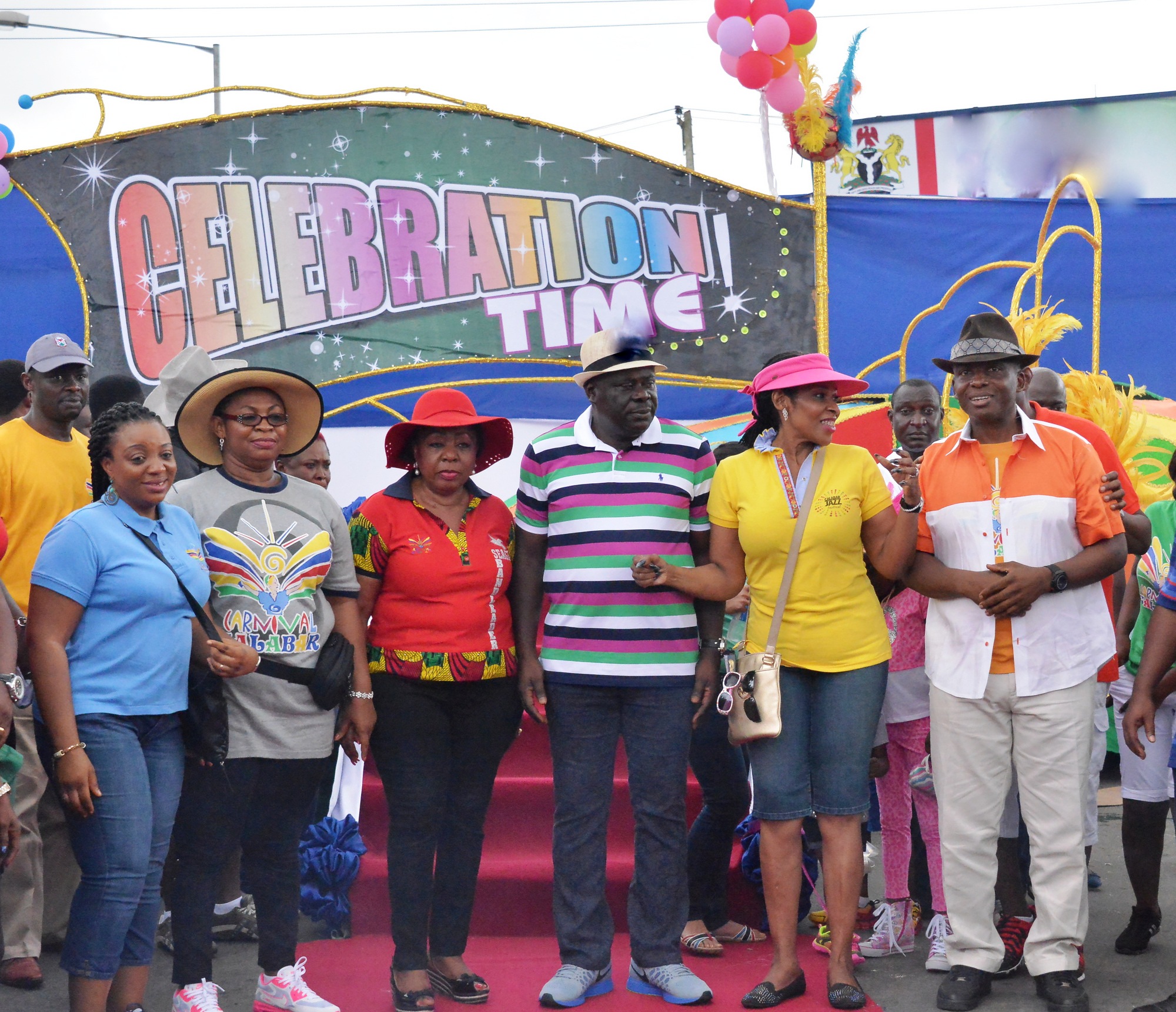 From left, Wife of the Speaker, Cross River State House of Assembly, Mrs. Eneyi Odey, Mrs Gloria Cobham, Sen. Ita Giwa, Dep Governor Mr. Efiok Cobham, Mrs Obioma Imoke and Mr. Gershom Bassey, shortly after unveiling the 2014 and 10th Edition of Carnival Calabar theme, "Celebration Time" in Calabar, today
