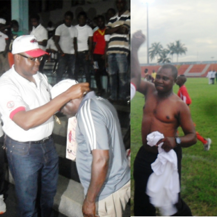 The representative of Sen. Liyel Imoke being decorated by the representative of the UNICEM MD and the 2014 male champions coach jubilating