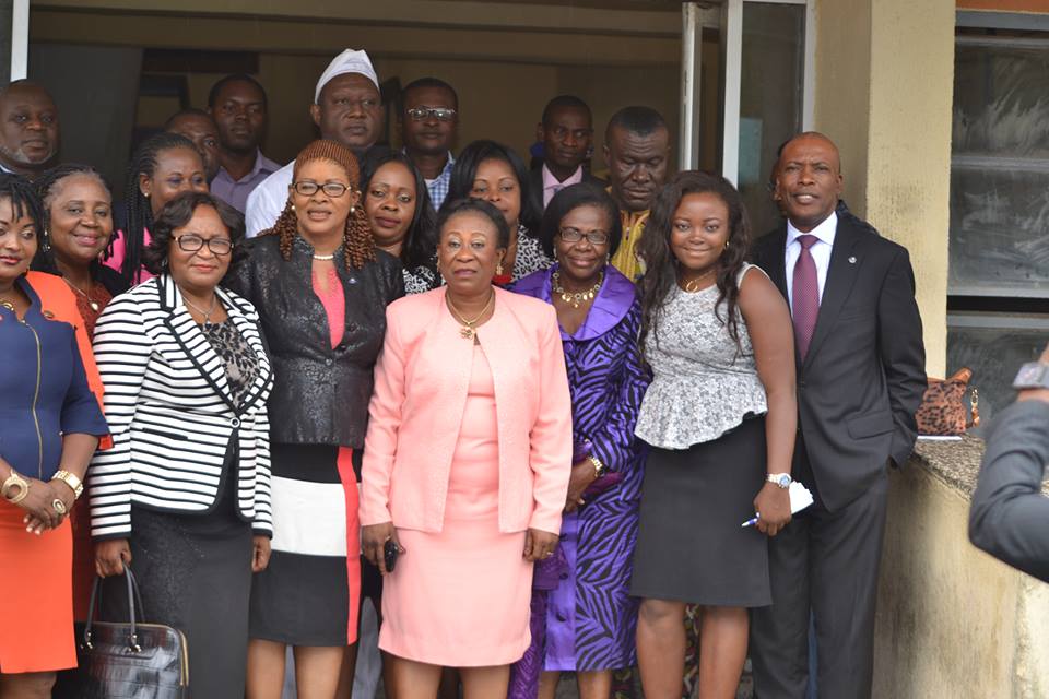 Representative of the First Lady, Mrs. Omotunde Ivara Esu (middle) in a group photograph after the press conference yesterday