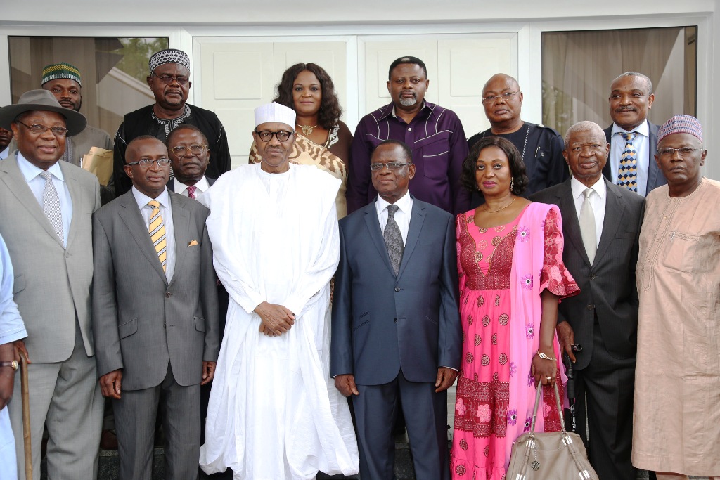 L-R; Former Minister of Health, Dr Emmanuel Nsa, Former Minister of Finance, Chief Anthony Ani, former Senate Leader Senator Victor Ndoma-Egba, President General Muhammadu Buhari and others during a congratulatory visit to the President just after his election. (file pix)