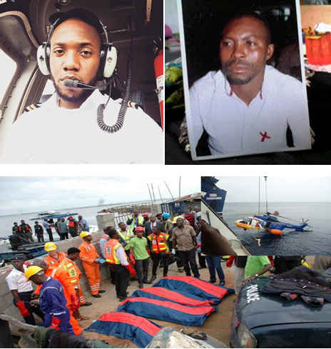 (Above) Co-pilot, Peter Bello, Chris Abua and the crash site in Lagos (below) 