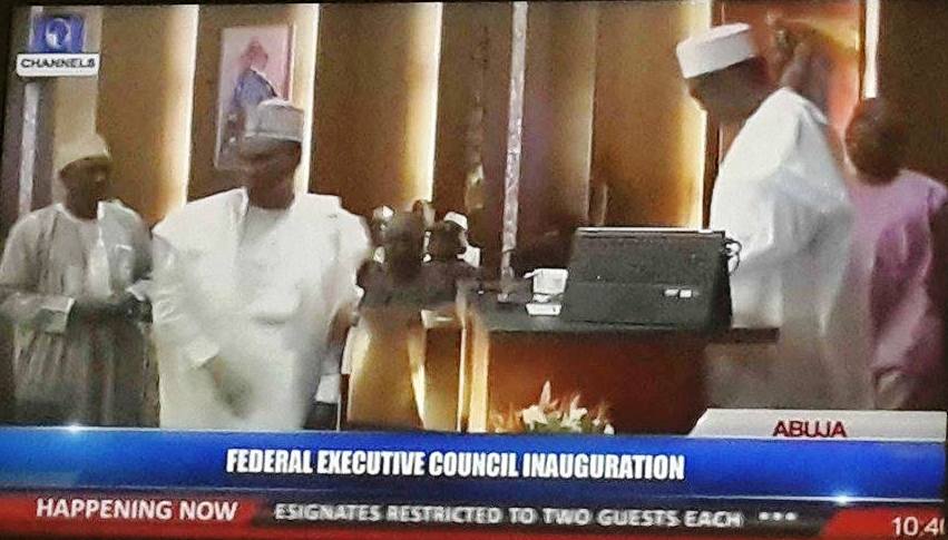 Niger Delta Minister, Usani Usani being sworn in earlier today