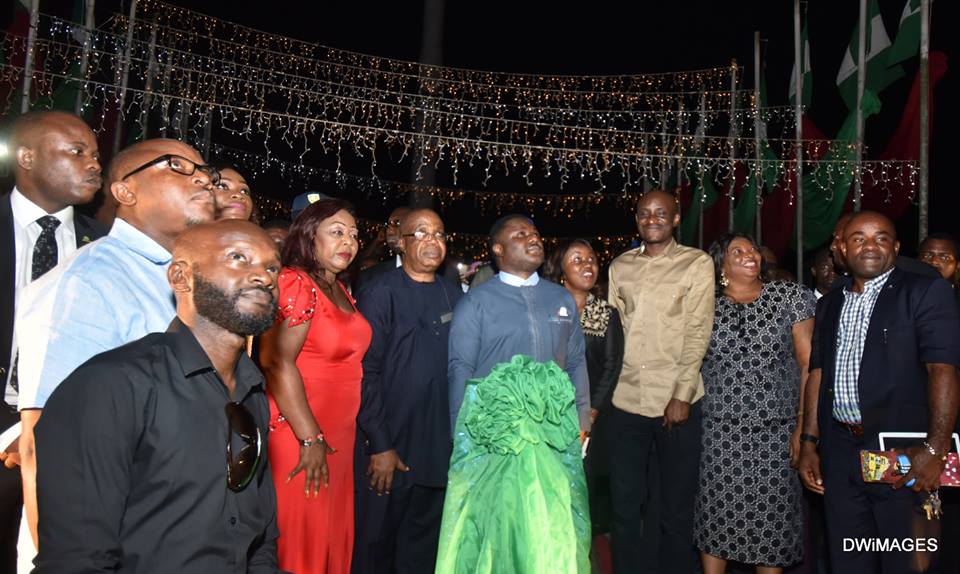 From left: Senator Florence Ita Giwa, Deputy Governor Ivar Esu, Governor Ayade, Speaker CRSHA, Hon. John Gaul, SSG, Barrister Tina Agbor and PDP State Chairman, Ntufam John Okon during the Christmas lighting ceremony in Calabar last night
