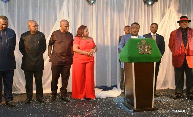 Senator Gershom Bassey, Senator Ita Giwa, Chief Edem Duke, Gabe Onah and others, watching and the governor address attendees at the dinner for sponsors of the 2015 Carnival Calabar