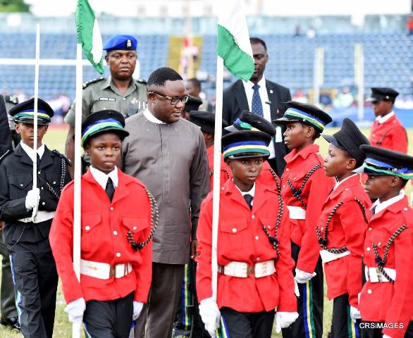 Cross River State Governor, Senator Ben Ayade inspecting Guard of Honor mounted by detachment of boys and girls from the Nigeria Police Primary School Calabar, during the 2016 children's day celebration in Calabar