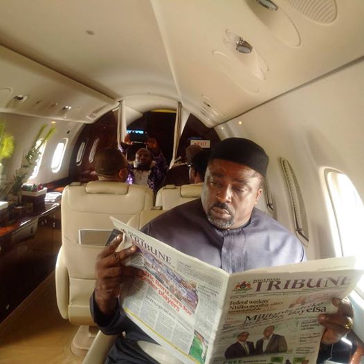 Prince Hilliard Etta, APC National Vice Chairman, South South in a chartered private jet on his way from Abuja to the party's retreat held in Calabar on Saturday