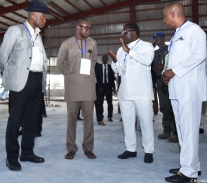 From (Right) Governor of Cross River State, Senator Ben Ayade, Senator Representing Cross River Central, Senator John Owan-Enoh, (1st left) Senator Representing Cross River Southern Senatorial District, Senator Gershom Bassey and Member Representing Abi-Yakurr Federal Constituency, Hon. Bassey Ewa while on a tour of the Cross River Garment Factory