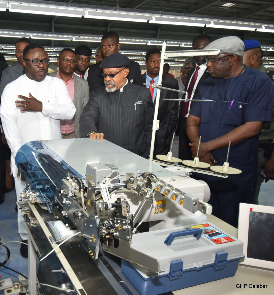 Cross River State Governor, Professor Ben Ayade with the Minister for Labour and Productivity, Senator Chris Ngige during a visit to Calabar Garment Factory