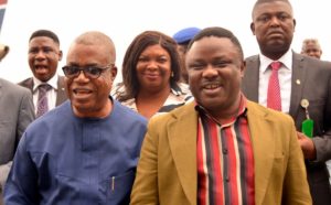 Governor Ben Ayade (right) and Deputy, Prof Ivara Esu (left) shortly after his arrival