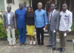 R-L: Solomon Asha, Perm Sec. Works Ministry Charles Eyong, Works Commissioner, Dane Asu, Beatrice Akpala, Godwin Akeke and Emmanuel Ulayi pose for a photograph after the show