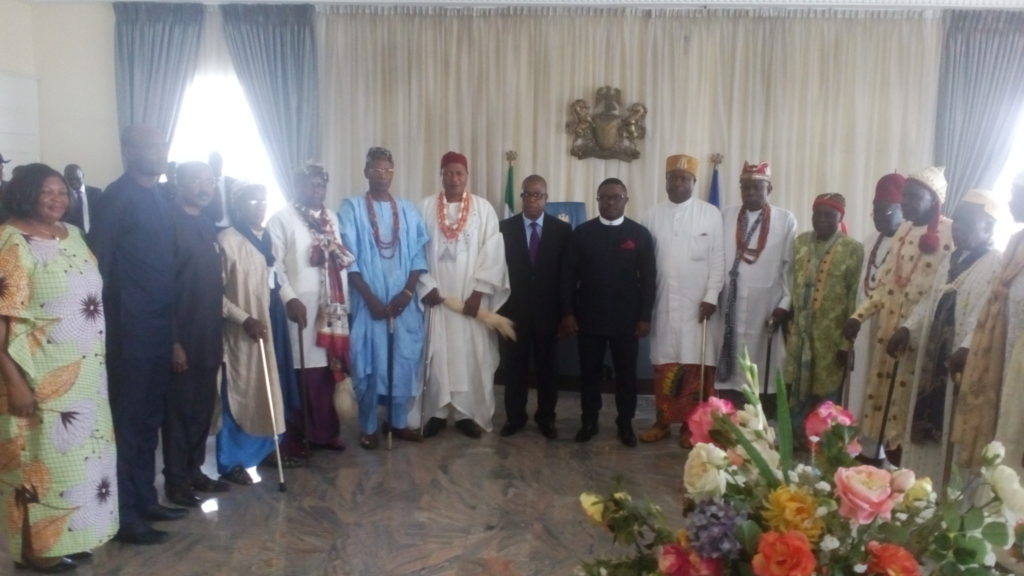 Governor Ben Ayade and his deputy, Professor Ivara Esu flanked both sides by the Traditional Rulers Council delegation