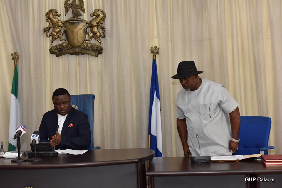 Governor Ben Ayade and the State Chairman of PDP, Ntufam Edim Inok during the visit to the governor's office