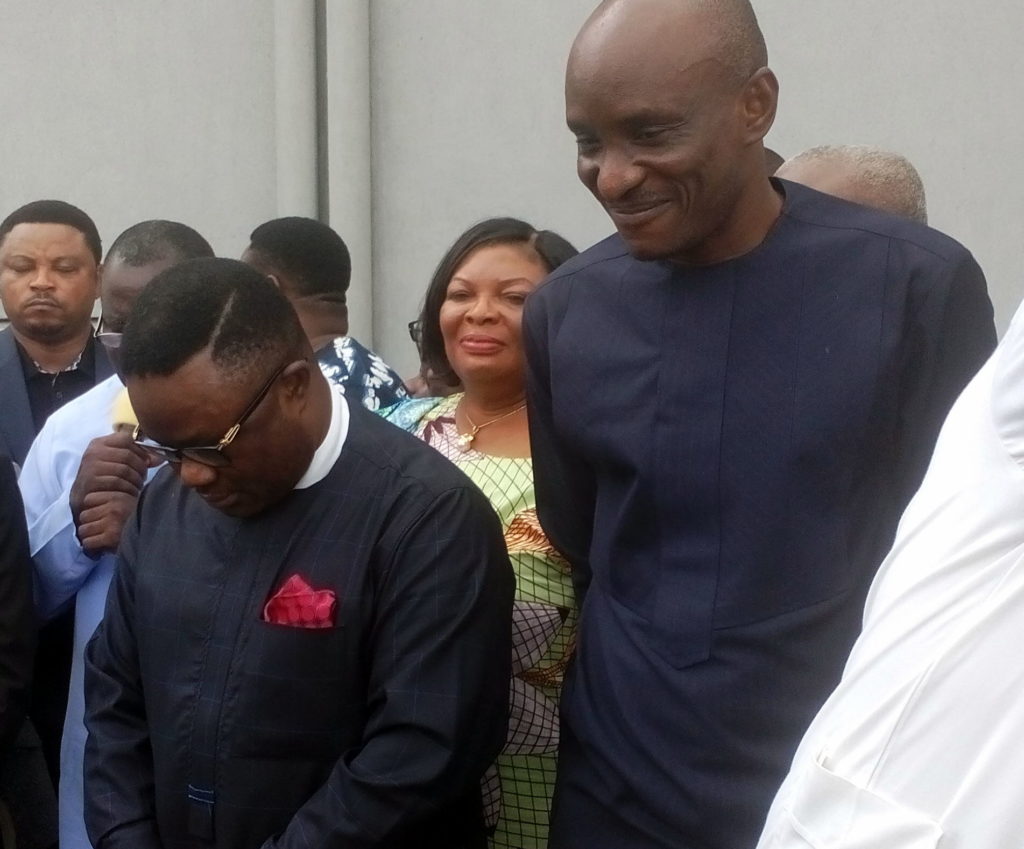 Governor Ben Ayade and Honorable John Lebo bow their heads for Cross Riverians to pray for them recently(File Picture)