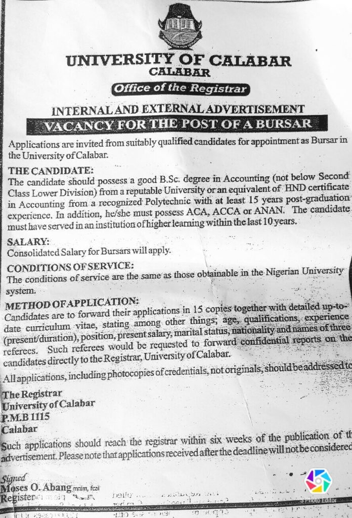 The advertisement for a new Bursar by UNICAL