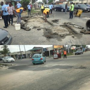 The members of the NGO working on the major port hole (above) and after completion (below).