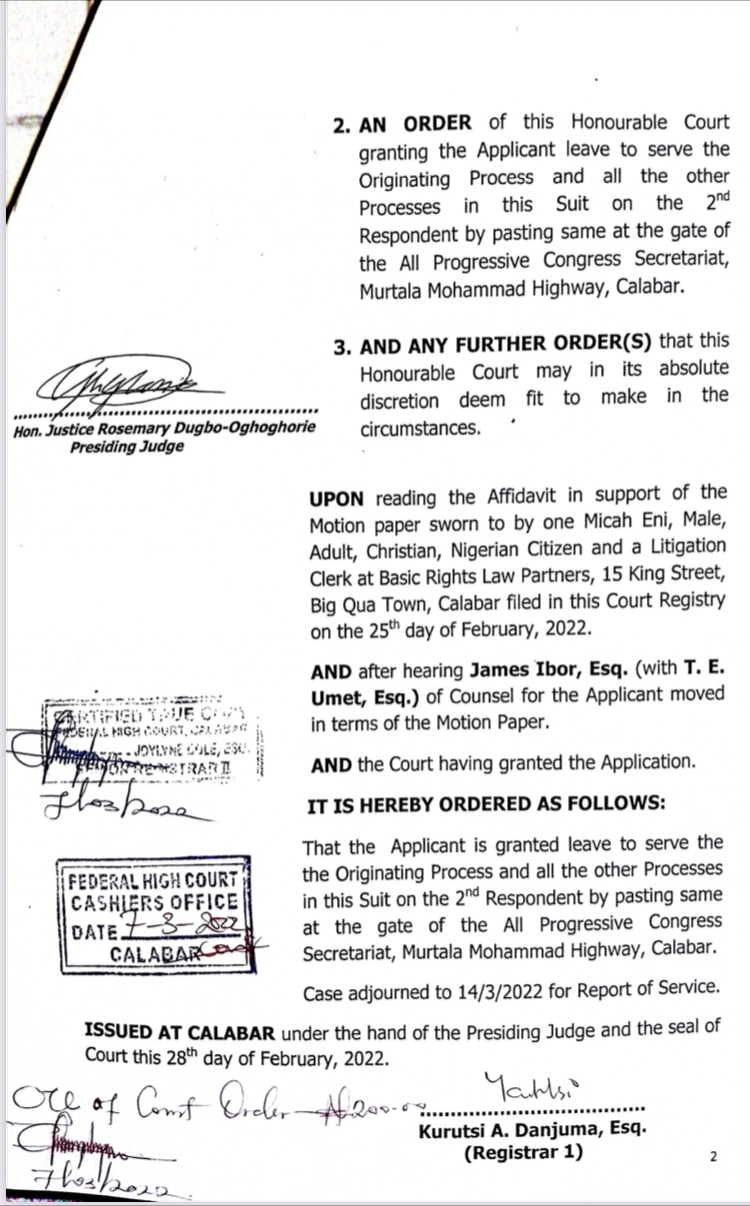 Court Order for substituted service of originating summons between John Egbeji, the APC, Alphonsus Eba and INEC. Pg2