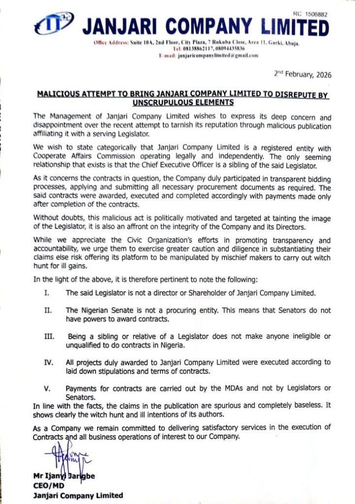 Janjari Company Limited denies links to Senator Jarigbe Agom, calling allegations "malicious". The company says it's a separate entity that participated in transparent bidding for contracts worth NGN630m+.