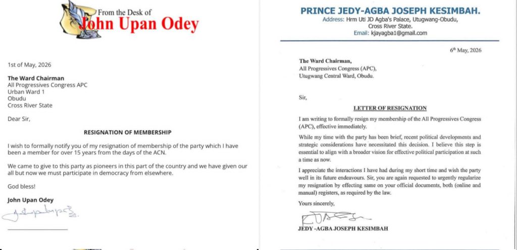 Upan Odey Jr and KJ Jedy-Agba have both resigned as members of the APC realigning the political structure in Obudu, Cross River State