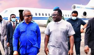 Governor Ben Ayade (R) and his Deputy, Ivar Esu shortly after the Governor’s arrival from Abuja at the NAF wing of MGK aboard the PAF Dassault Falcon 7X business jet, 5/7/2021