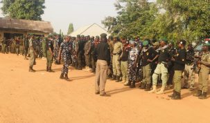 A detachment of Police Mobile Force (PMF - MOPOL) operatives of the Nigerian Police Force drawn from different commands line up to be addressed on Friday, 25/2/2022 at the Area Command Headquarters, Igoli Ogoja Local Government Area in preparation for deployment for the February 26, 2022 legislative by-elections in Cross River State