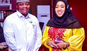 The Minister for Humanitarian Affairs and Poverty Alleviation, Dr. Betta Edu and her Special Adviser on Media and Publicity, Alhaji Rasheed Olanrewaju at her office in Abuja, the Federal Capital Territory. (Credit: FMHAPA/Smart Agbor)