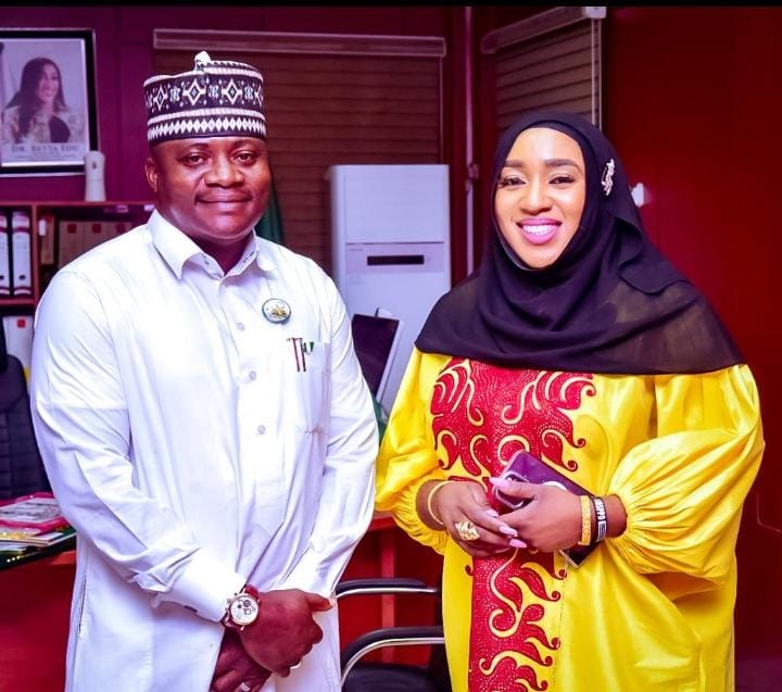 The Minister for Humanitarian Affairs and Poverty Alleviation, Dr. Betta Edu and her Special Adviser on Media and Publicity, Alhaji Rasheed Olanrewaju at her office in Abuja, the Federal Capital Territory. (Credit: FMHAPA/Smart Agbor)