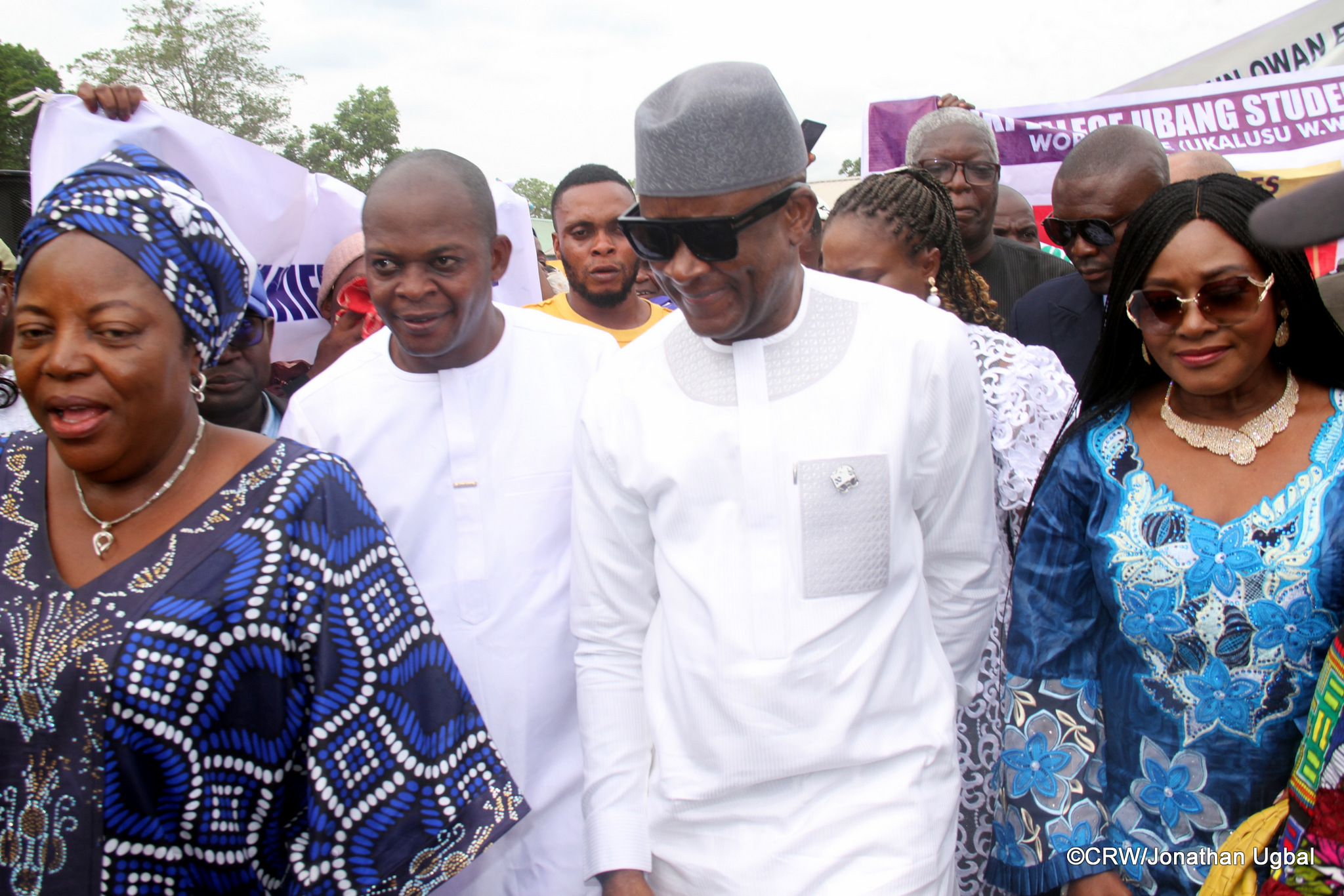 Minister of Sports Development, Senator John Owan Enoh (2R) and his wife, Rachel Owan Enoh (1R) after being received by his Special Assistant on administration, Dr. Richard Orim (2L) and a host of others at the arriving the Primary School Ashikpe playground, venue for Dr. Orim's grand reception and honor of the minister by the Ukalu communities in Obudu Local Government Area. 13/4/2024 (Credit;CRW/Jonathan Ugbal)