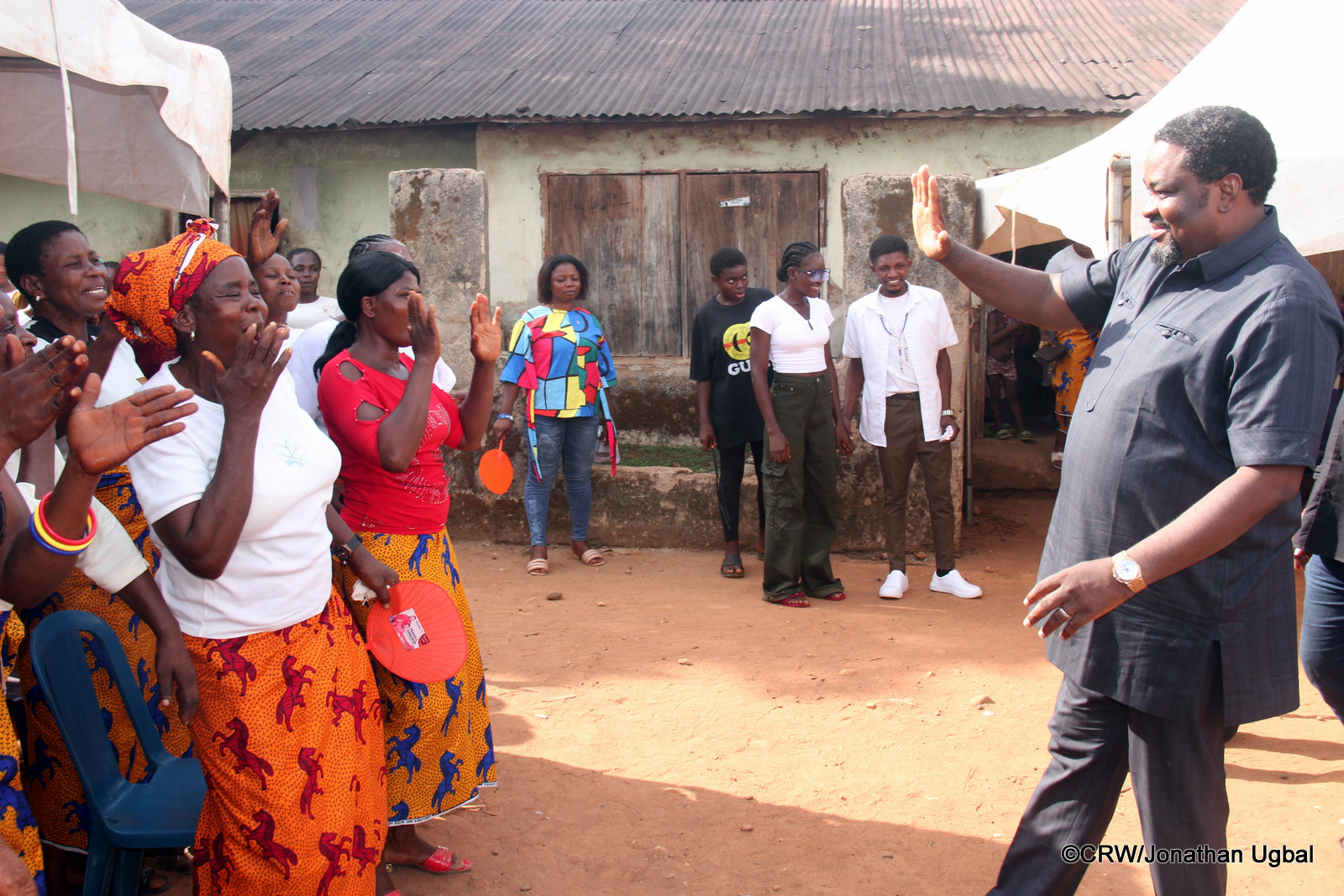 Federal Lawmaker, Hon. Peter Akpanke waves at women of Kakwe village in Beebo/Bumaji village of Boki Local Government Area during his recent visit where he was received to his maternal community. 7/4/2024 (Credit: CRW/Jonathan Ugbal)