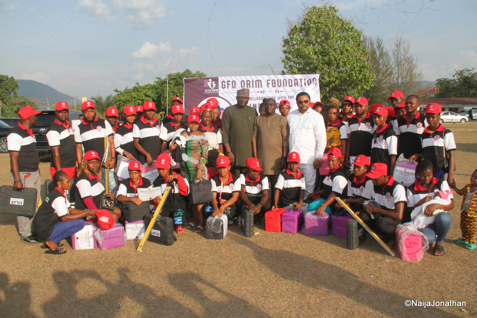 The Founder, G.F.O Orim Foundation, Chief Martins Orim (in white) poses with beneficiaries of the foundations three months skill acquisition program in partnership with her Voice foundation and the ITF NSDIP project in Obudu. 8/4/2024.