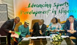 Sports Development Minister, Senator John Owan Enoh (M) and partners of the ministry at an event in Lagos where three Memoranda of Understanding on sports development and funding were signed with three different partners. 19/4/2024 (Credit: FMSD/Diana-Mary Nsan)