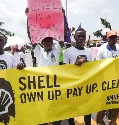 A protest over shell's activities in the Niger Delta (Credit: https://www.climateandcapitalmedia)