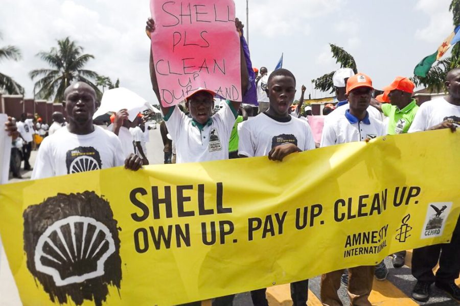 A protest over shell's activities in the Niger Delta (Credit: https://www.climateandcapitalmedia)